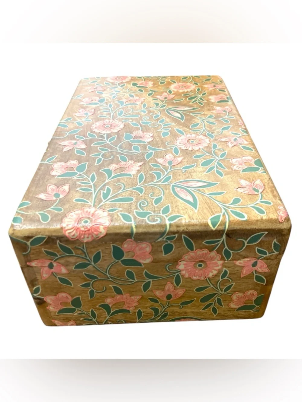 Hand Painted Large Wooden Floral Storage Box Pink Flowers Boho Made in India NWT
